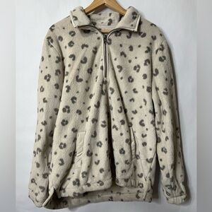 Abercrombie & Fitch Soft AF Cream & Black Fleece Leopard Print Half Zip Size XL